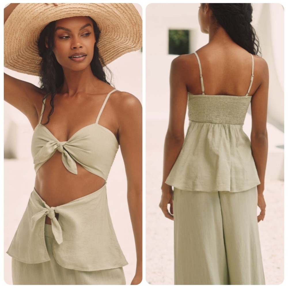 Celandine Linen Tie Front Cutout Wrap Tank Top Sage Green Women's Size XL